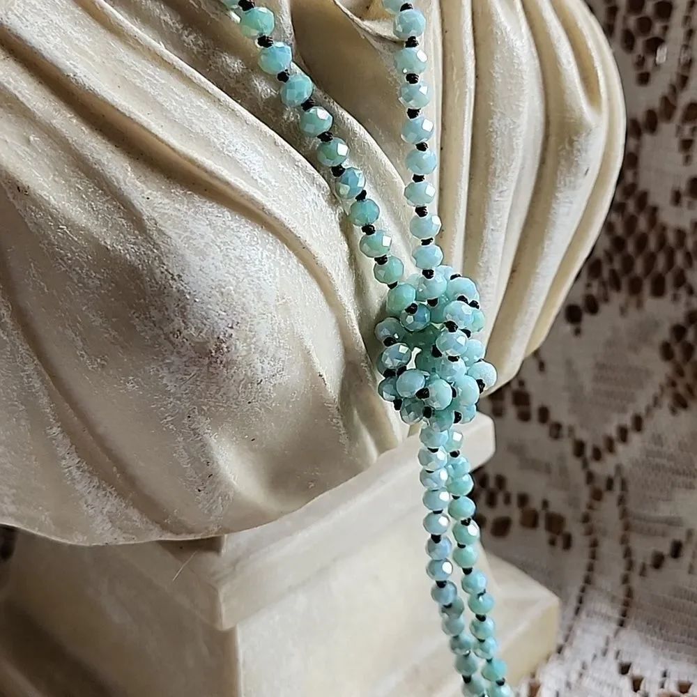 Vintage Knotted Faceted Aqua Aurora Borealis Long Strand Beaded Necklace